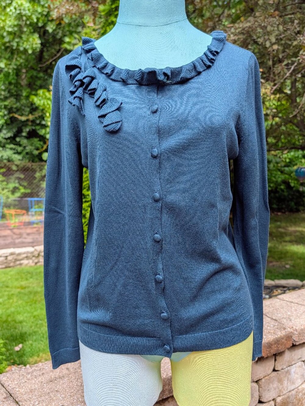 Talbots Hunter Green Ruffle Neck Cardigan - PM